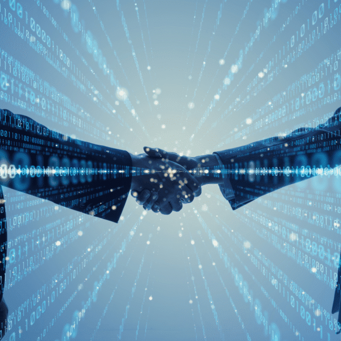 Two business professionals shaking hands through digital code, symbolizing AI-driven M&A strategy in 2025